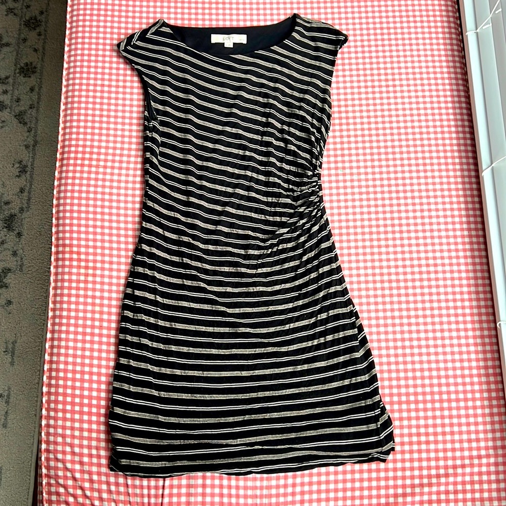 Black and tan striped dress with side ruching